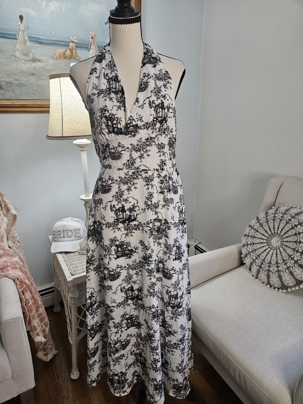 Cupshe Black & White Halter Toile Maxi Dress